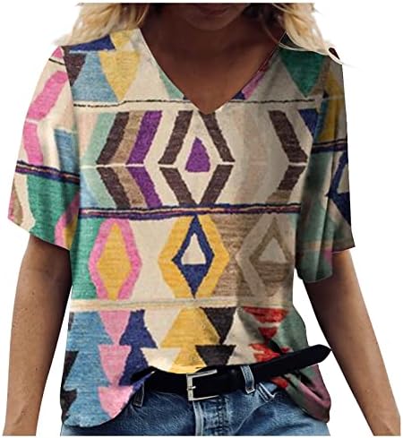 AMXYFBK Дамски Спортни Блузи с V-Образно деколте и Къс ръкав в Цвят Блок, Ежедневни Ризи Големи Размери за Жените