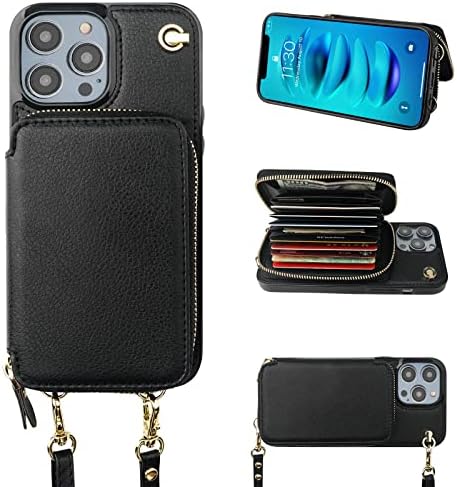 Калъф за носене в чантата си Bocasal по рамото за iPhone 14 Pro, Кожен калъф-чантата с RFID заключване с държач