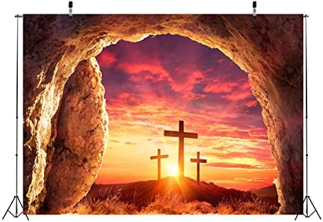 BELECO 7x5ft Плат Великден Исус на Кръста Пещерен Фон Исус Христос Празна Гробница Три Кръста на Хълма на Изгрева, Залеза на Фона Разпети Петък, да Благослови Бог Религио