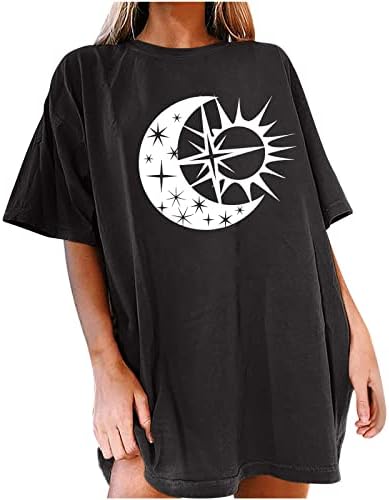 Дамски Свободна Тениска Оверсайз с принтом на Слънцето и Луната, Ежедневни тениски С Къс ръкав и кръгло деколте,