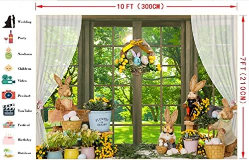 Lofaris Spring Happy Easter Фон За Снимки 10x7ft една Дървена Кутия Градински Фон Заек Пъстри Яйца Трева Цвете