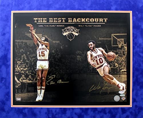 Възпоменателна снимка 16x20 Ню Йорк Никс с автографи на Уолт Фрейзър и Эрла Монро - Снимки на НБА с автограф