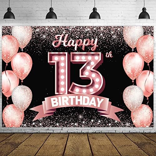 С 13-тия рожден Ден на Банер от Розово злато, на Фона Поздрави 13-годишни деца, Балони с Конфети, Тематичен