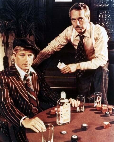 The Sting Пол Нюман, Робърт Редфорд с карти уиски и покер чипове 8х10 снимка