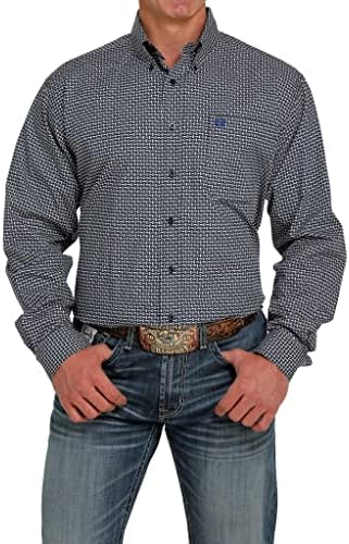 Мъжка риза в стил Уестърн с тъмно синьо и бял принтом Чинч копчета