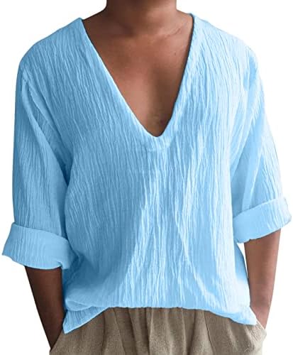 XXBR Памучни ленени Ризи с V-образно деколте за мъже, Есенна плажната тениска за почивка с дълъг ръкав Свободно, намаляване, лесна Ежедневна риза