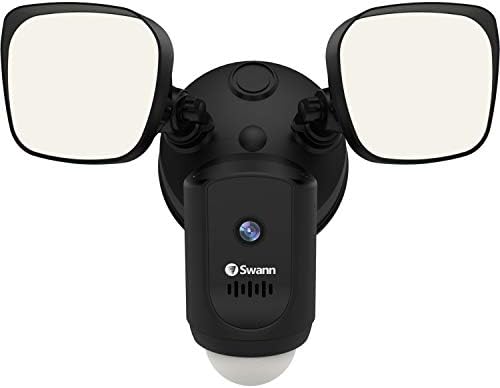 Камера за сигурност Swann Floodlight с регулируемо осветление на движение, двупосочен разговор, Wi-Fi Видеонаблюдение 1080p HD, Цветно нощно виждане на закрито/на открито, датчи
