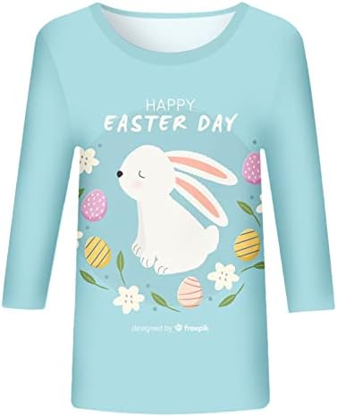 Тениски с 3/4 ръкав за жени, Дамски Тениски Честит Великден, Цветни Тениски с Яйце и Зайче, Подарък за Великден